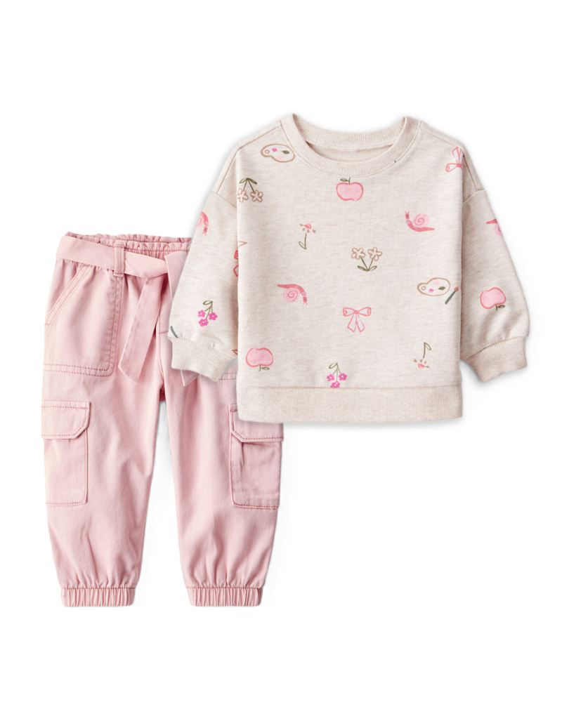 Baby Girl 2-Piece Ivory Pullover & Pink Joggers Set - Ivory/Pink, image 1 of 7 slides