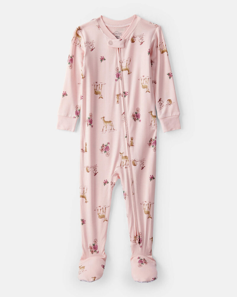 Baby Girl Deer & Floral Print PurelySoft Long-Sleeve 2-Way Zip 1-Piece Pajamas - Pink, image 1 of 6 slides