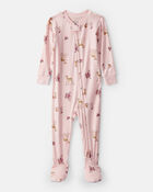 Baby Girl Deer & Floral Print PurelySoft Long-Sleeve 2-Way Zip 1-Piece Pajamas - Pink, image 1 of 6 slides