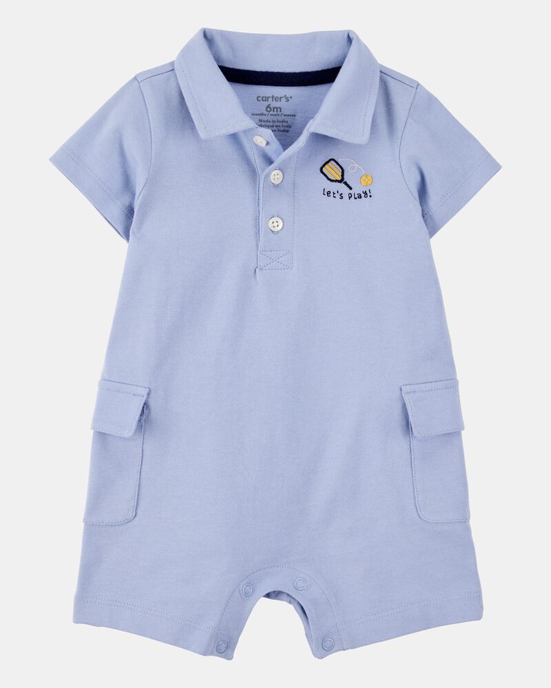 Baby Pickleball Cotton Romper - Blue, image 1 of 5 slides