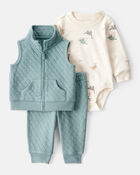 Baby Boy 3-Piece Quilted Dinosaur Little Vest Set - Green/Ivory, image 1 of 4 slides