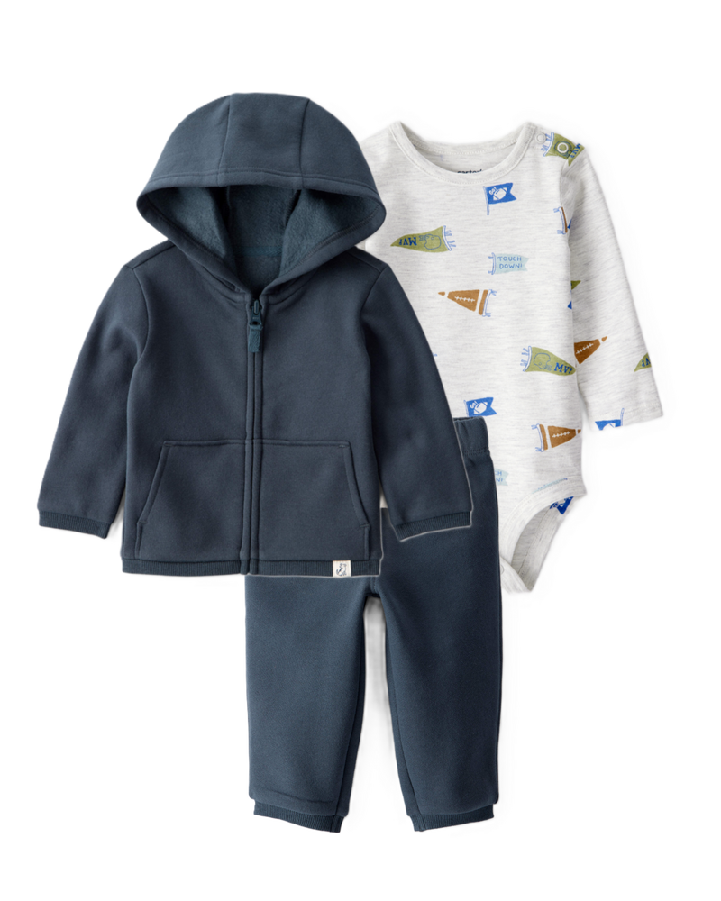 Baby Boy 3-Piece Football Print Bodysuit, Hoodie & Pull-On Pants Set - Navy, image 1 of 9 slides