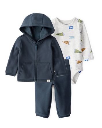 Baby Boy 3-Piece Football Print Bodysuit, Hoodie & Pull-On Pants Set - Navy, 