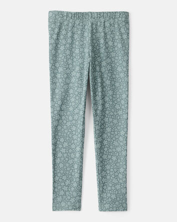 Girls Floral Cotton Pull-On Stretch Leggings - Green, 