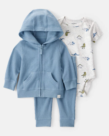Baby 3-Piece Dinosaur Thermal Little Jacket Set - Blue/Heather, 