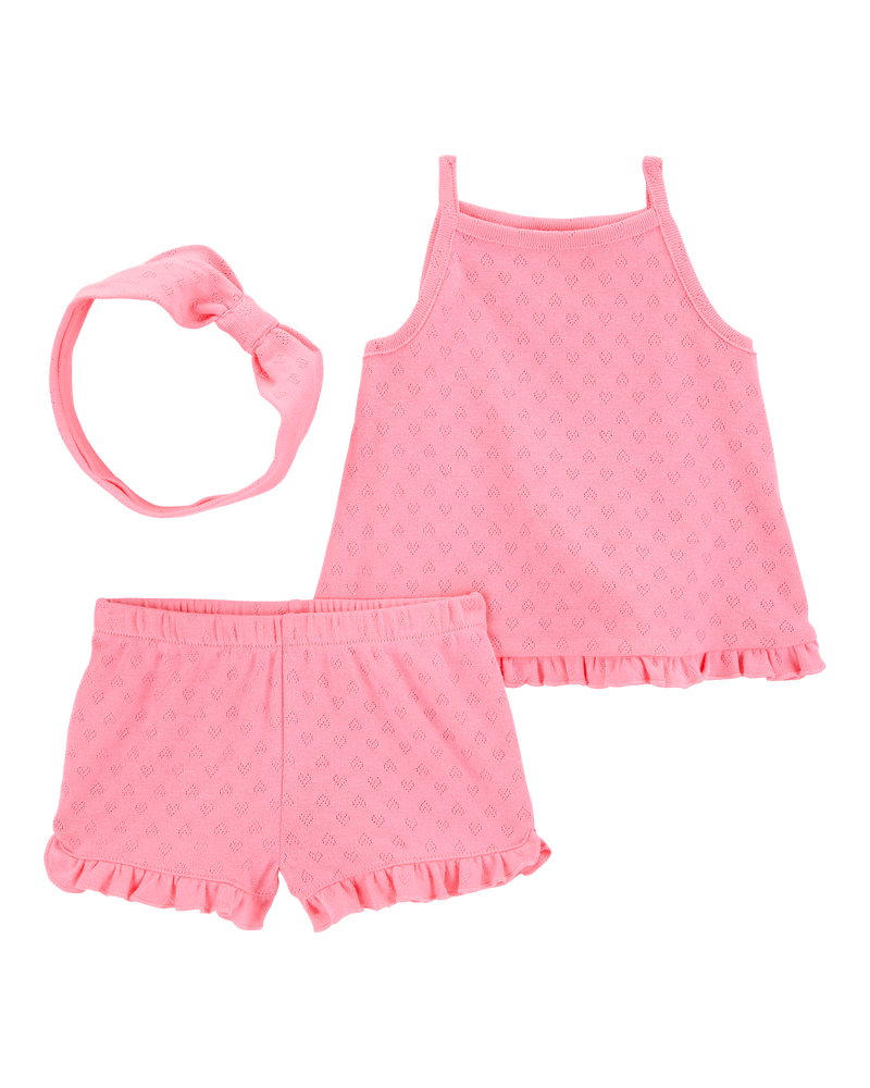 Baby Girl 3-Piece Pointelle Heart Outfit Set - Pink, image 1 of 3 slides