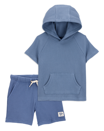Baby 2-Piece Waffle Knit Hooded Pullover & Drawsting Shorts Set - Blue, 
