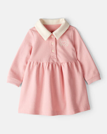 Baby Girl Polo Collared Cotton Dress - Pink, 