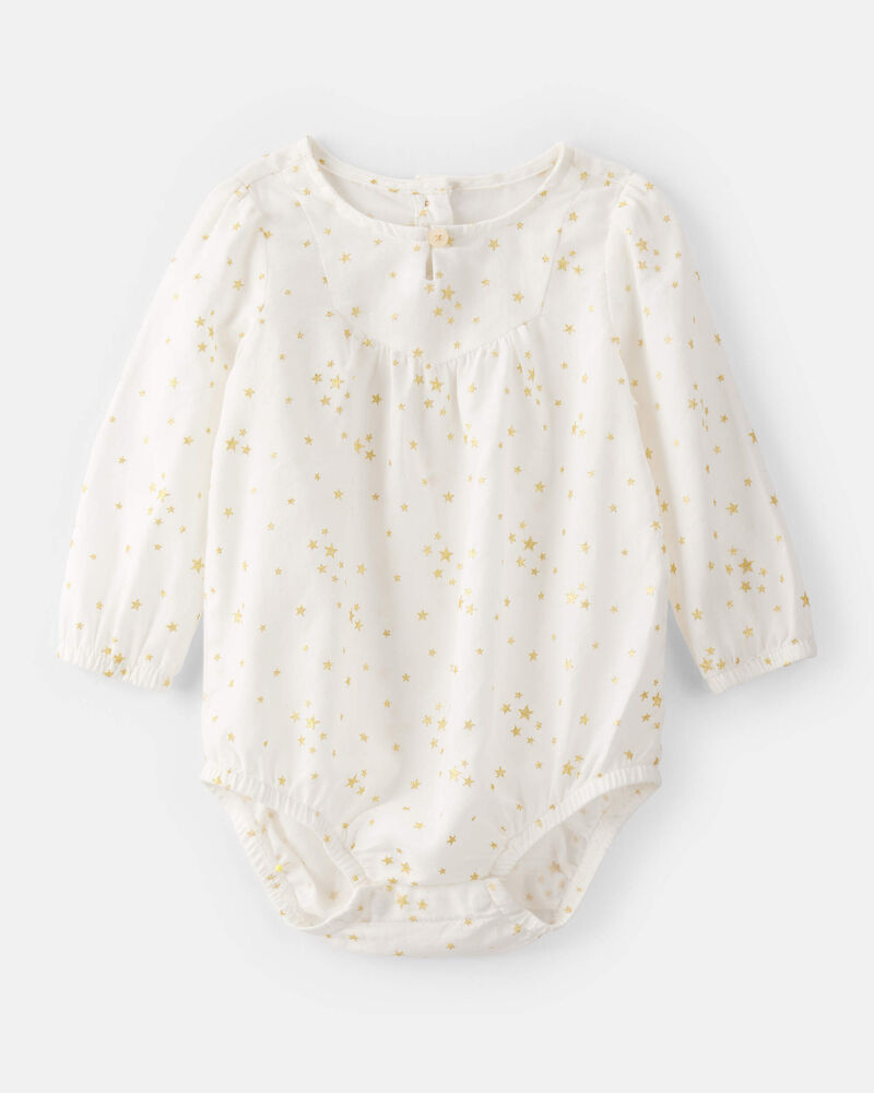 Baby Girl Star Print Cotton Long-Sleeve Fashion Bodysuit - White, image 1 of 3 slides
