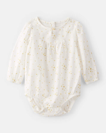 Baby Girl Star Print Cotton Long-Sleeve Fashion Bodysuit - White, 