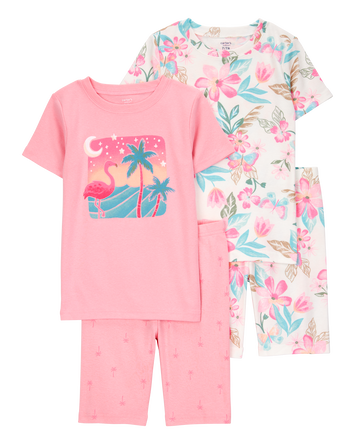 Girls Flamingo Print Snug Fit Cotton 4-Piece Pajamas, 