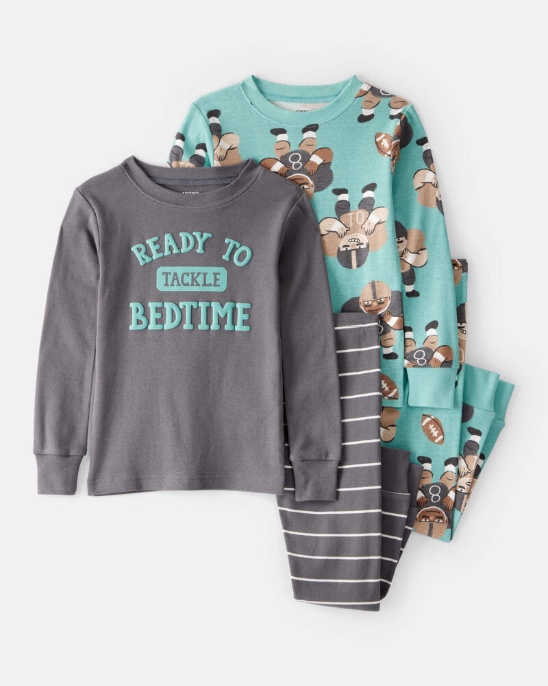 Toddler Football Print 100% Cotton Long-Sleeve Snug Fit 4-Piece Pajamas - Blue, image 1 of 4 slides