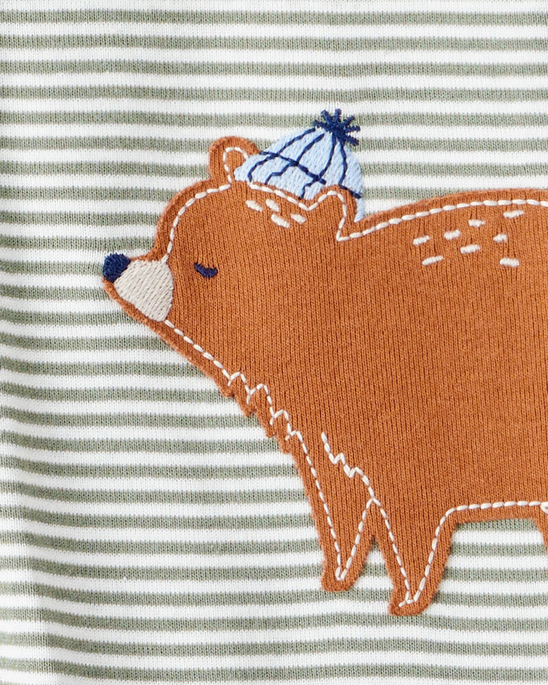 Baby Boy Bear Striped 100% Cotton Long-Sleeve Snug Fit 1-Piece Pajamas - Green, image 4 of 5 slides