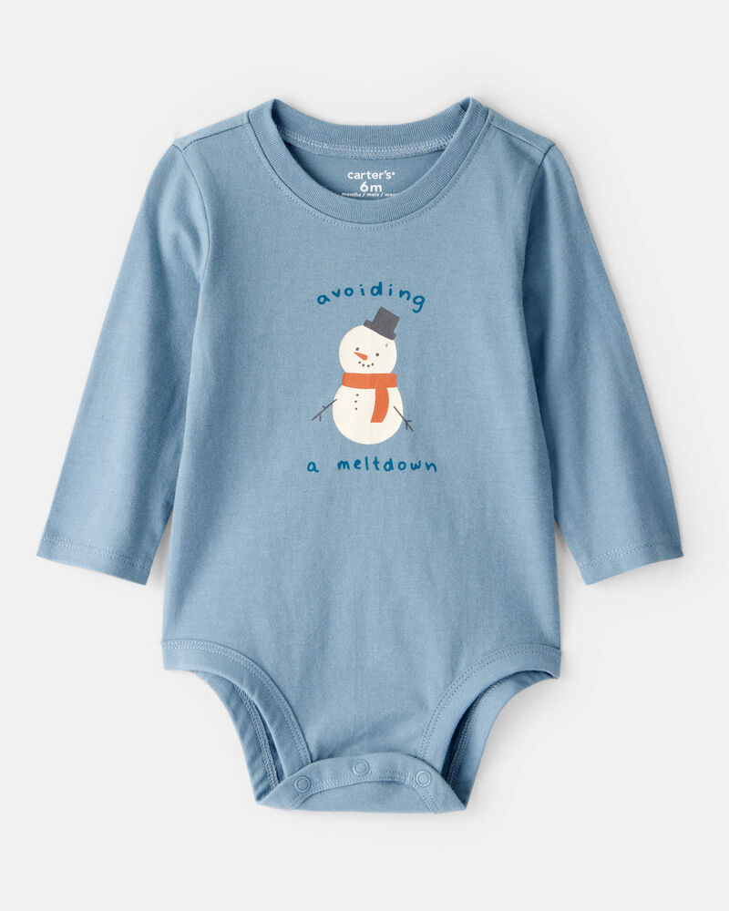 Baby Boy Snowman Long-Sleeve Graphic Bodysuit - Blue, image 1 of 3 slides