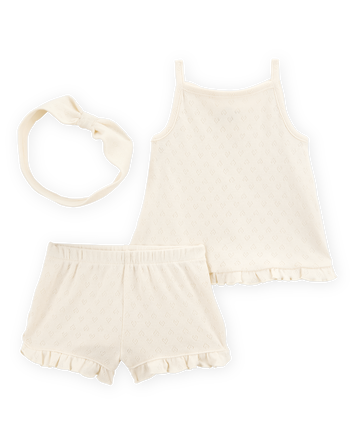 Baby Girl 3-Piece Pointelle Heart Outfit Set - Cream, 
