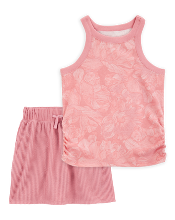 Kid 2-Piece Floral Ribbed Tank Top & Textured Drawstring Skort Set - Pink, 