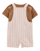Baby 2-Piece Short-Sleeve Tee & Striped Shortall Set - Brown, image 2 of 5 slides