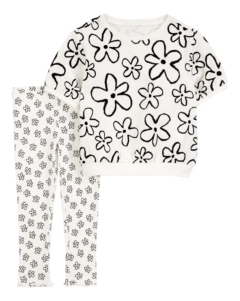 Toddler 2-Piece Floral Top & Pant Set - White/Black, image 1 of 3 slides