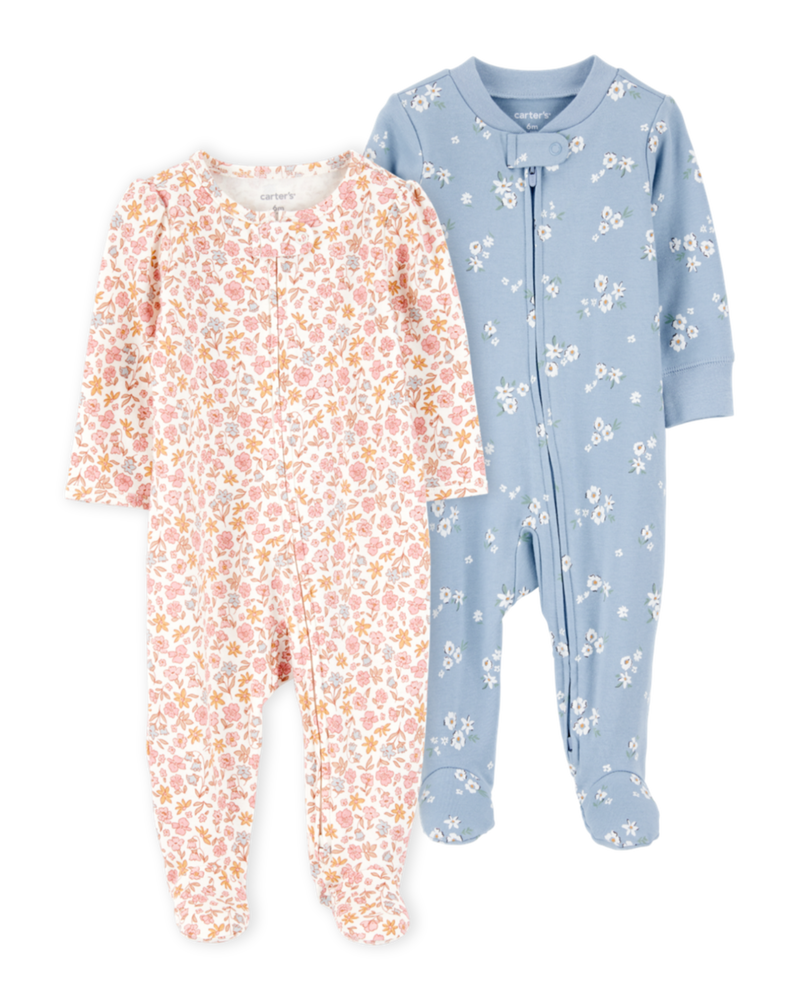 Baby 2-Pack  Floral 2-Way Zip Sleep & Play Pajamas - Pink/Blue, image 1 of 6 slides