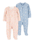 Baby 2-Pack  Floral 2-Way Zip Sleep & Play Pajamas - Pink/Blue, image 1 of 6 slides
