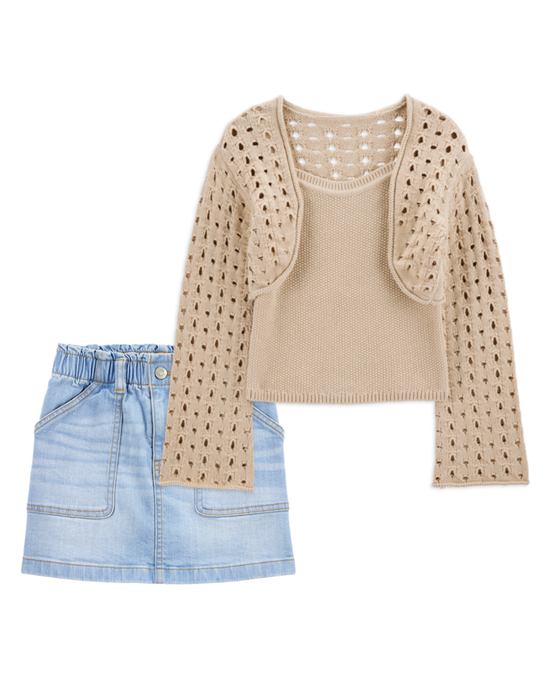 Kid 3-Piece Knit Tank Cardigan & Denim Skirt Set, image 1 of 6 slides