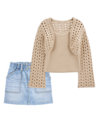 Kid 3-Piece Knit Tank Cardigan & Denim Skirt Set, image 1 of 6 slides