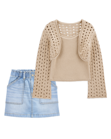Kid 3-Piece Knit Tank Cardigan & Denim Skirt Set, 