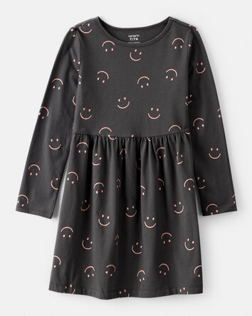 Girls Smile Print Long Sleeve Cotton Dress - Black, 
