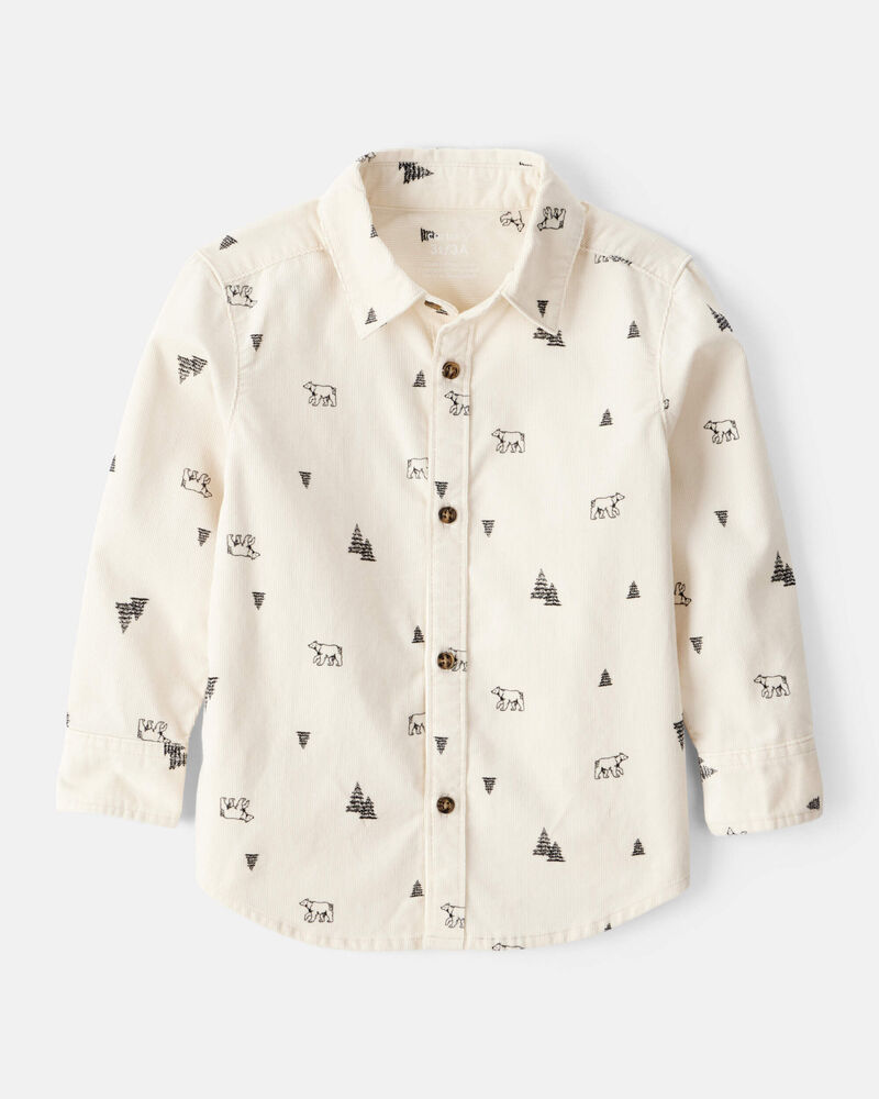 Toddler Boy Winter Print Corduroy Long-Sleeve Button-Down Shirt - Ivory, image 1 of 3 slides