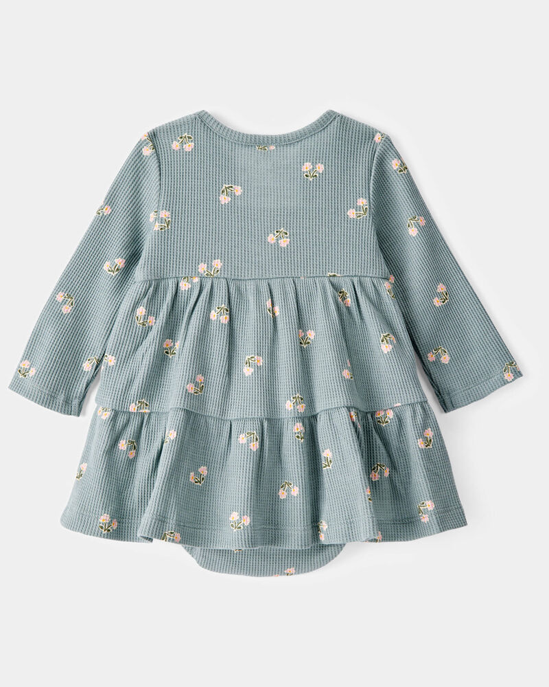 Baby Floral Waffle Knit Bodysuit Dress - Green, image 2 of 4 slides