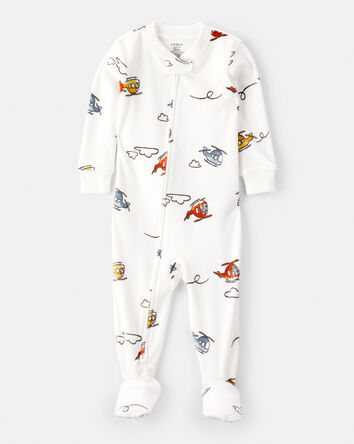 Baby Boy Helicopter Print DreamPlush Snug Fit Long-Sleeve 2-Way Zip 1-Piece Pajamas - White, 