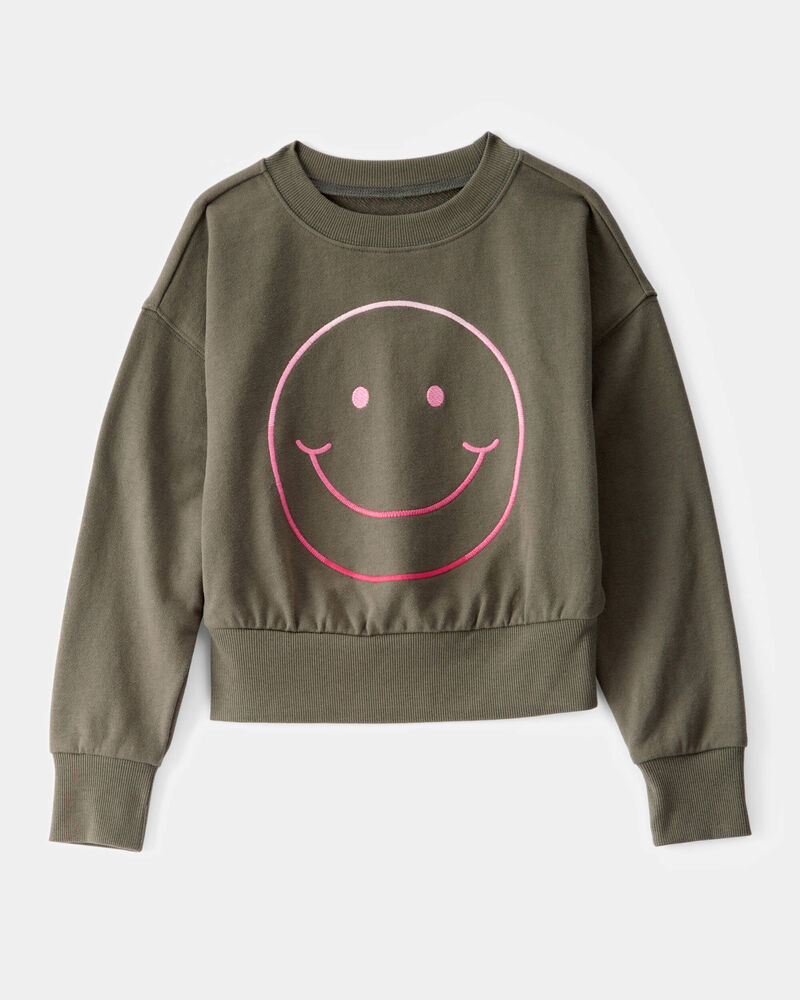 Girls 2-Piece Smiley Face Sweatshirt & Cargo Skirt Set - Green, image 3 of 6 slides