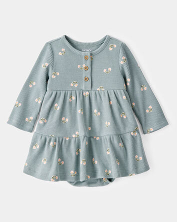 Baby Floral Waffle Knit Bodysuit Dress - Green, 