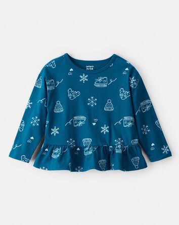 Toddler Girl Winter Print Long-Sleeve Peplum Top - Blue, 
