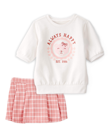 Toddler Girl 2-Piece Bear Top & Plaid Knit Skirt Set - Ivory/Pink, 