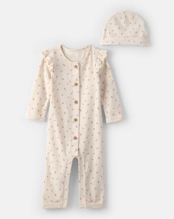 Baby Girl 2-Piece Button-Down Jumpsuit & Cap Set - Ivory 
, 