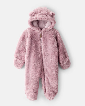 Baby Girl Sherpa Long-Sleeve Hooded Jumpsuit - Pink, 