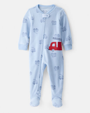 Baby Boy Firetruck Print Loose Fit 2-Way Zip 1-Piece Pajamas - Blue, 