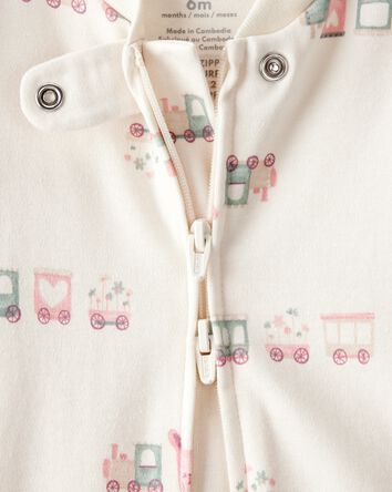 Baby Girl Train Print 100% Cotton Long-Sleeve Snug Fit Sleep & Play Pajamas - Cream, 