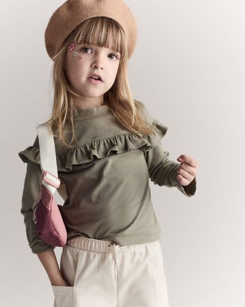 Toddler Girl Mock Neck Ruffle Top - Olive, 