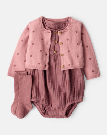 Baby Girl 3-Piece Acorn Print Short-Sleeve Dress Set - Pink, 