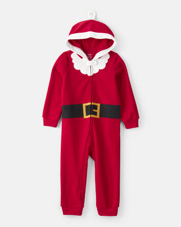 Toddler Santa Fleece Hooded Zip-Up 1-Piece Pajama Jumpsuit - Red, 