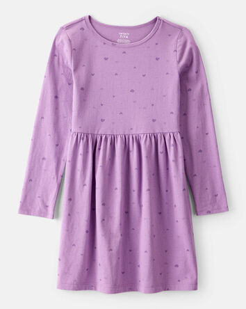 Girls Heart Print Long Sleeve Cotton Dress - Purple, 