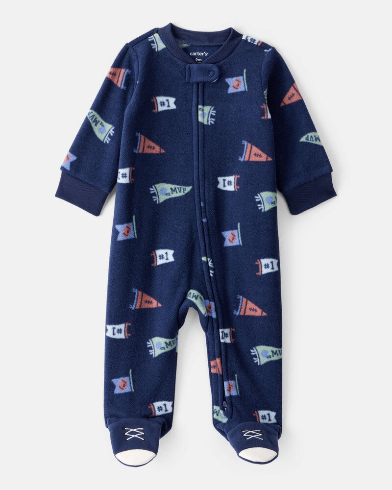 Baby Boy Sports Print Loose Fit Long-Sleeve Sleep & Play Pajamas - Navy Blue, image 1 of 4 slides