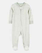 Baby Boy Striped 2-Way Zip Ribbed Sleep & Play Pajamas - Green/White, image 1 of 4 slides