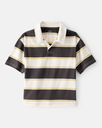 Boys Cotton Short-Sleeve Stripe Polo - Brown/Ivory, 