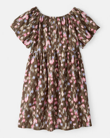 Girls Floral Cotton Short-Sleeve Dress -Brown, 