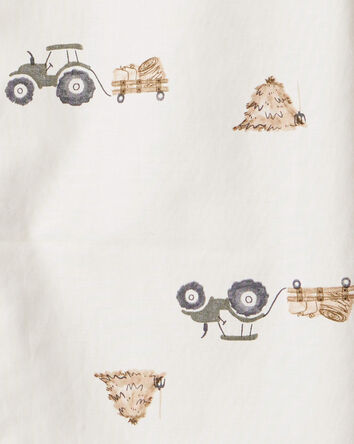 Toddler Boy Tractor Print Cotton Long-Sleeve Button Down Shirt - White, 