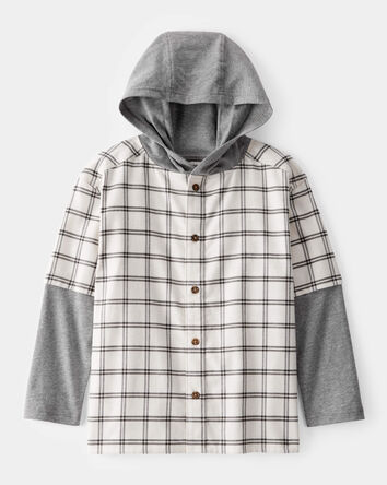 Boys Plaid Layered-Look Button-Down Hooded Tee - Grey, 