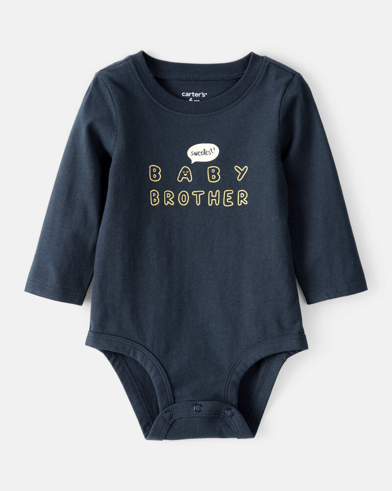 Baby Boy Sweetest Baby Brother Cotton Long-Sleeve Graphic Bodysuit - Navy Blue, image 1 of 3 slides